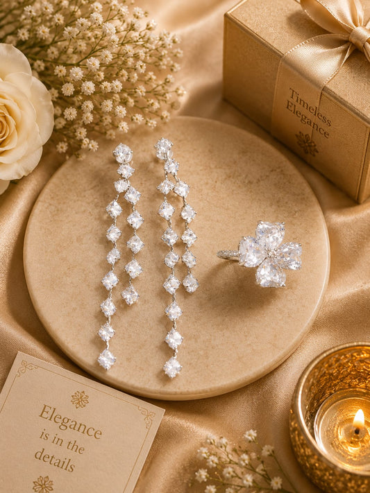 CZ Long Earring And Ring Combo For Women And Girls