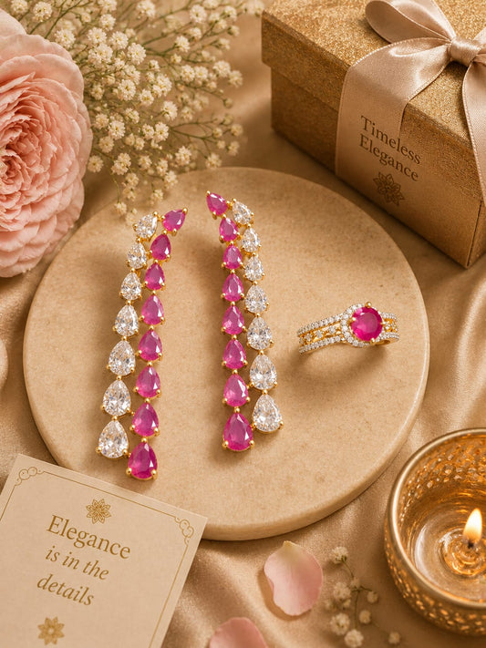CZ Long Earring And Ring Combo In Pink For Women And Girls