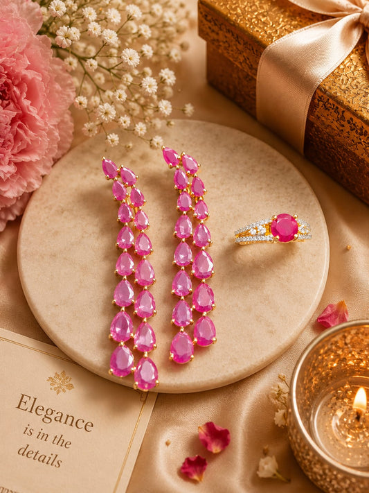 CZ Long Earring And Ring Combo In Pink For Women And Girls