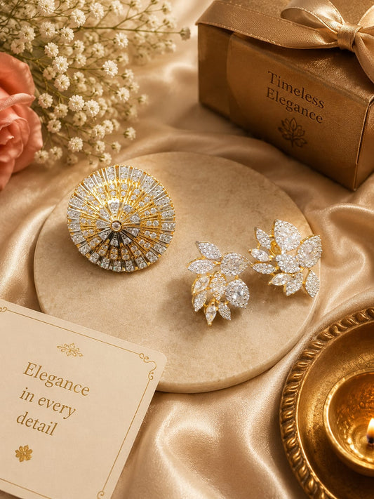 Dual Tone Ring And Studs Combo For Women And Girls