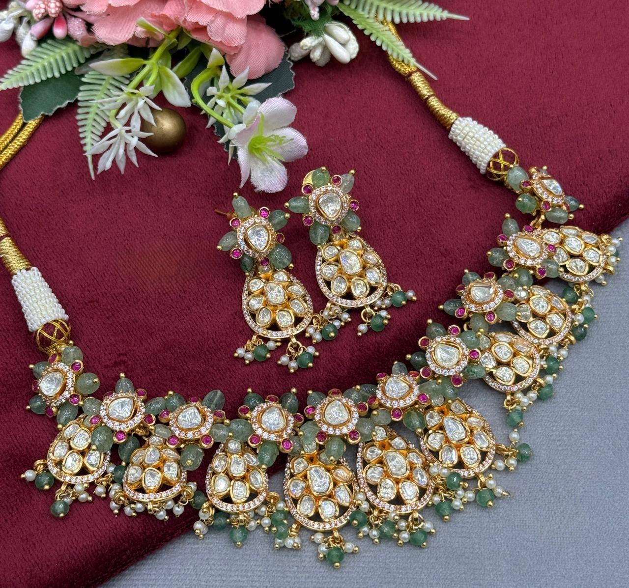 Peeli Polki With  Mint Beads Necklace With Earrings
