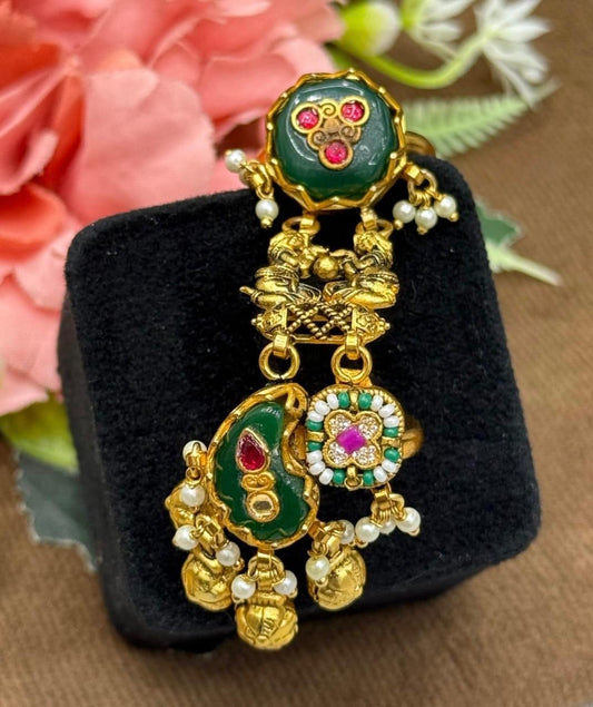Double Finger Ring With Paachi Stones For Women