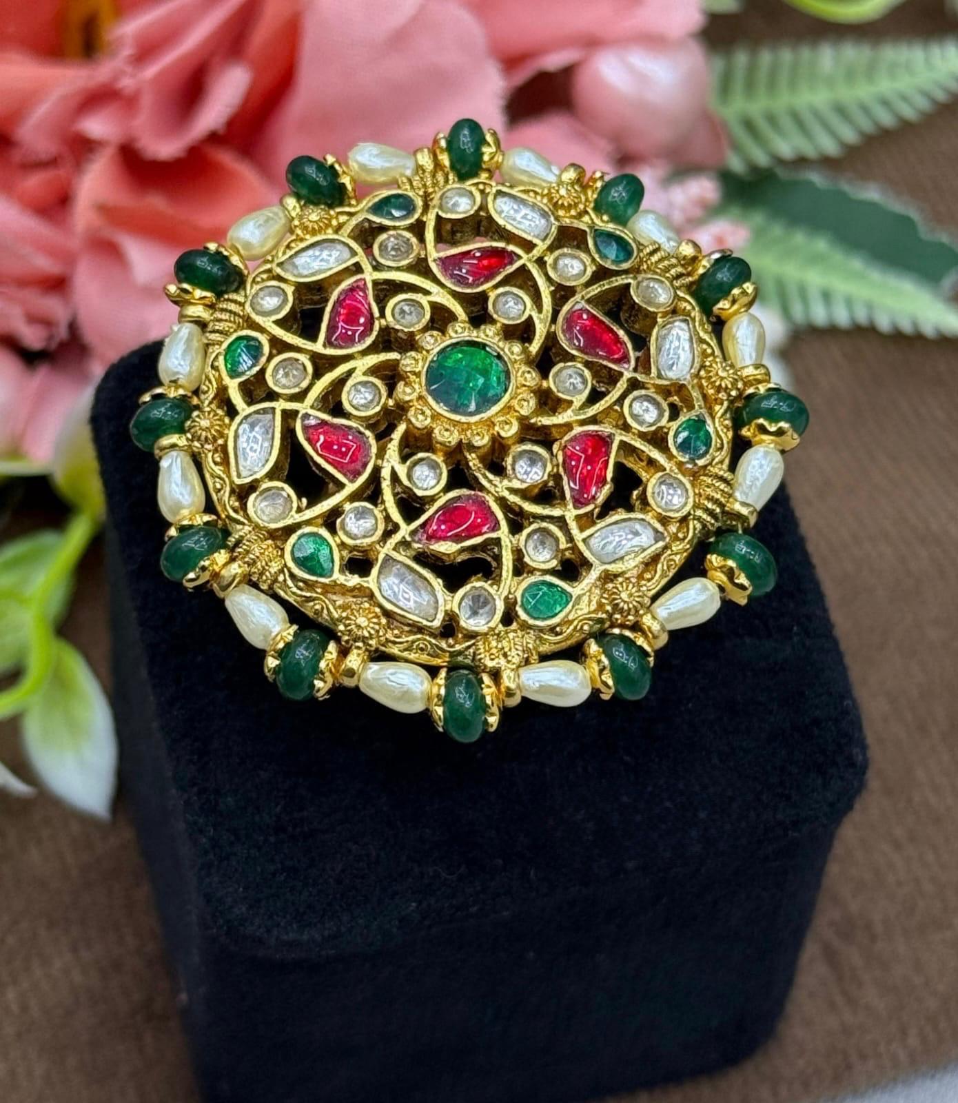 Colorful Paachi Kundan OverSized Ring For Women