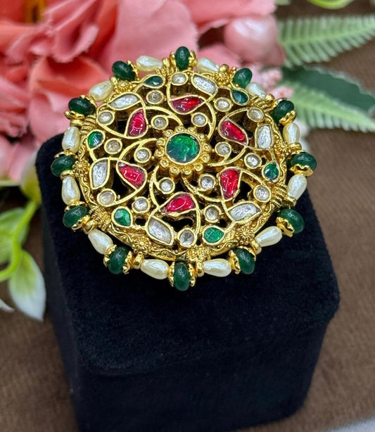 Colorful Paachi Kundan OverSized Ring For Women