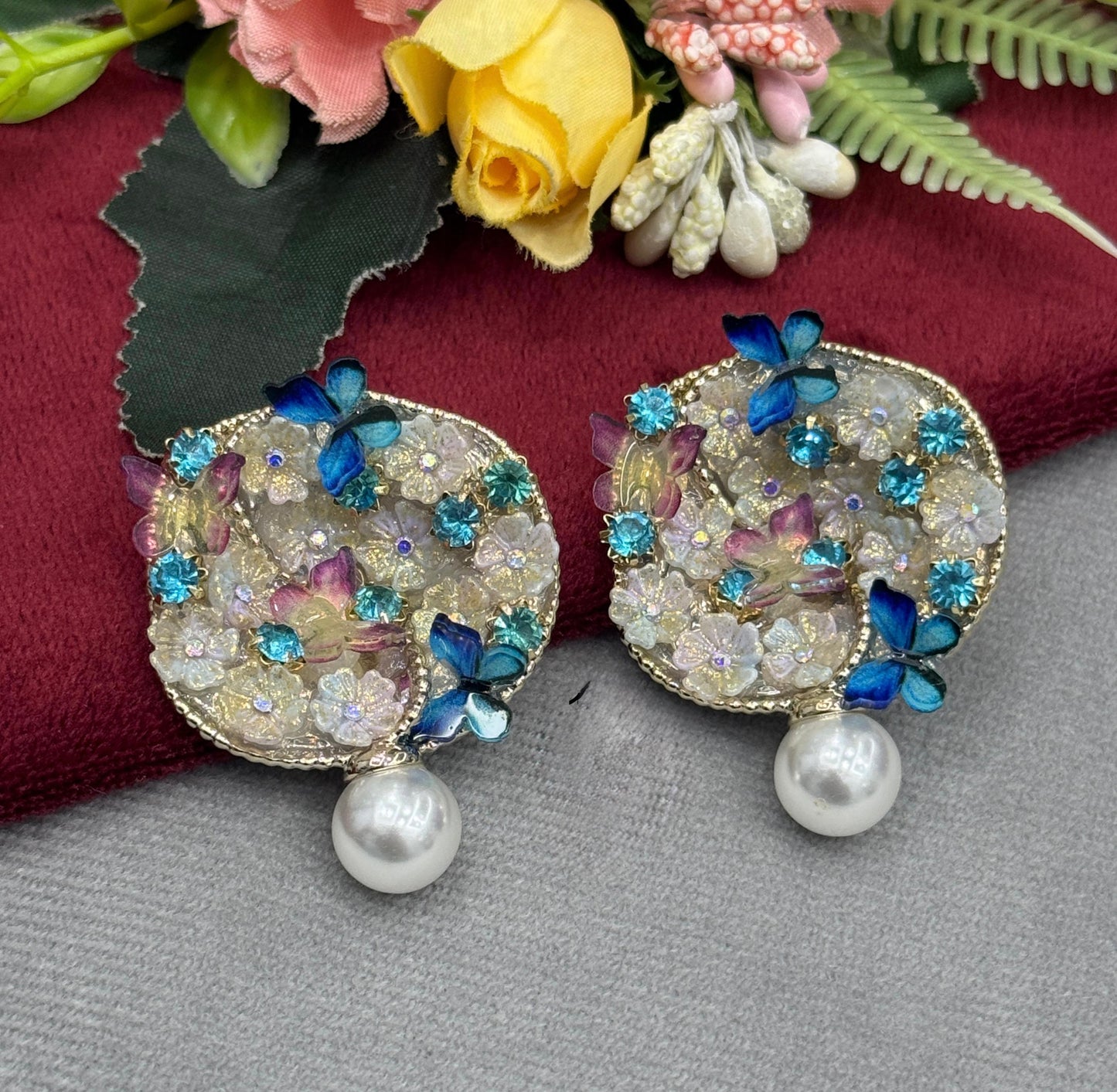Butterfly Round Studded With Hanging Pearls Earring