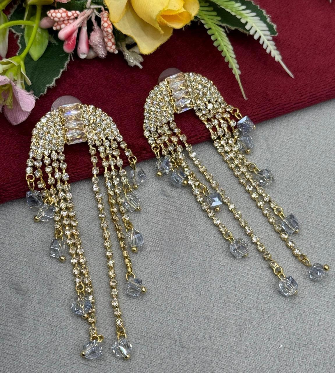 Champagne Haning Long Earring In CZ For Women