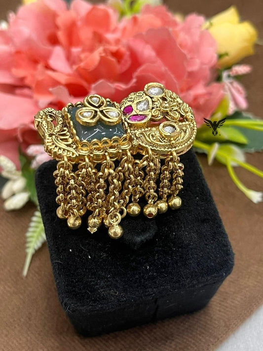 Dual Finger Ring With Kundan Stones For Women