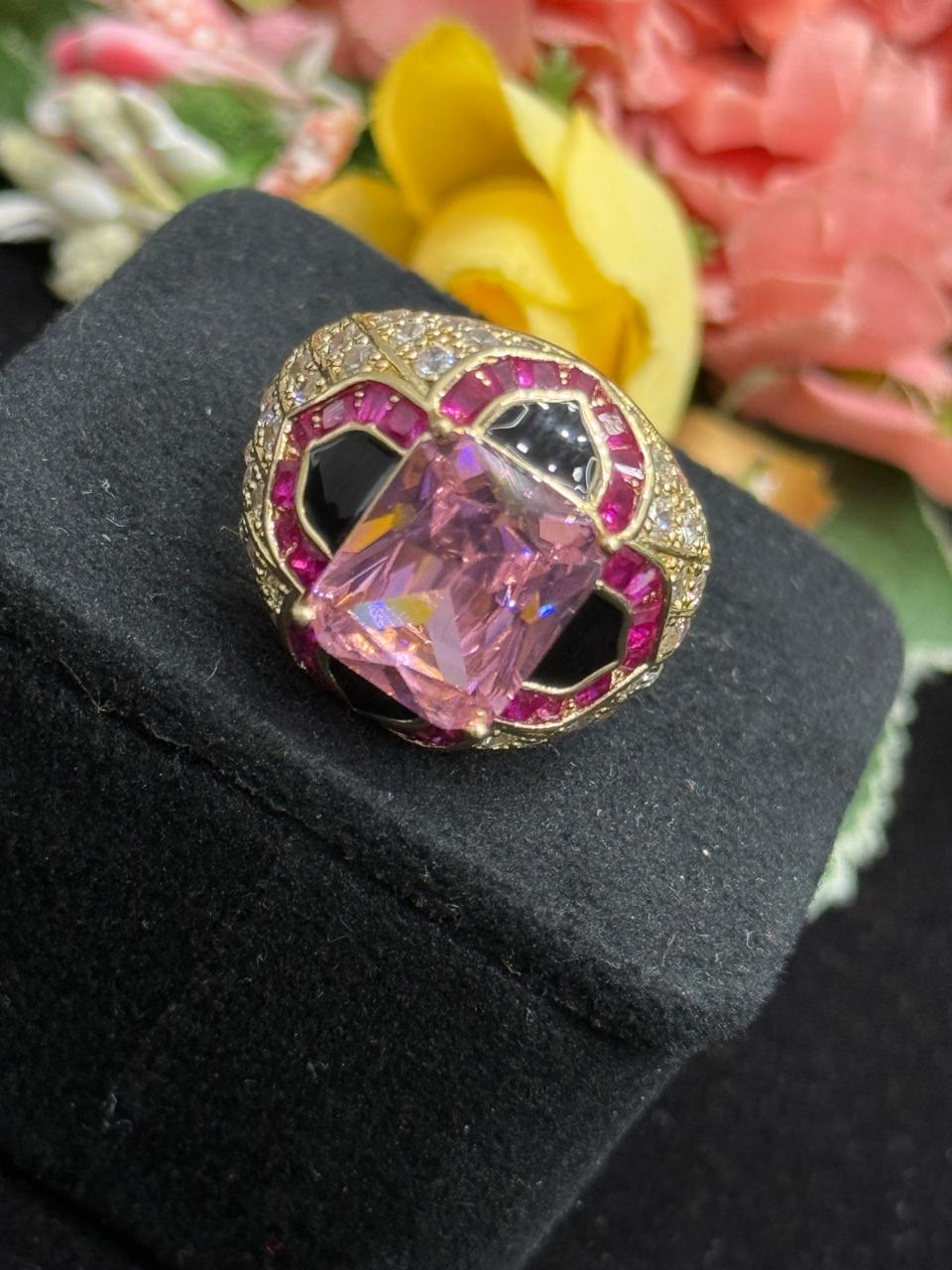 Doublet Stone With Enamelling  In Pink CZ Ring