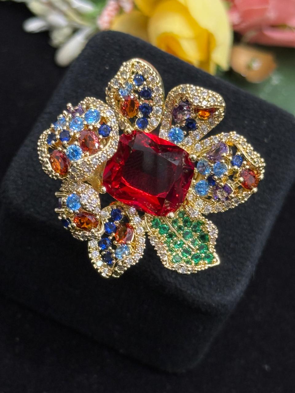 Centre Red Stone With Colorful CZ Ring