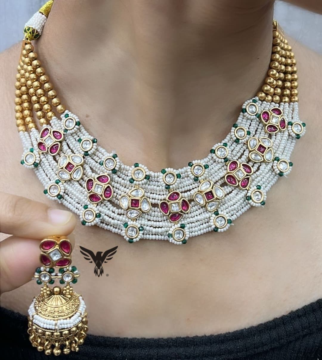 Rajwadi traditional necklace in kundan and Swarovski stones with rice pearl beading with jhumkis