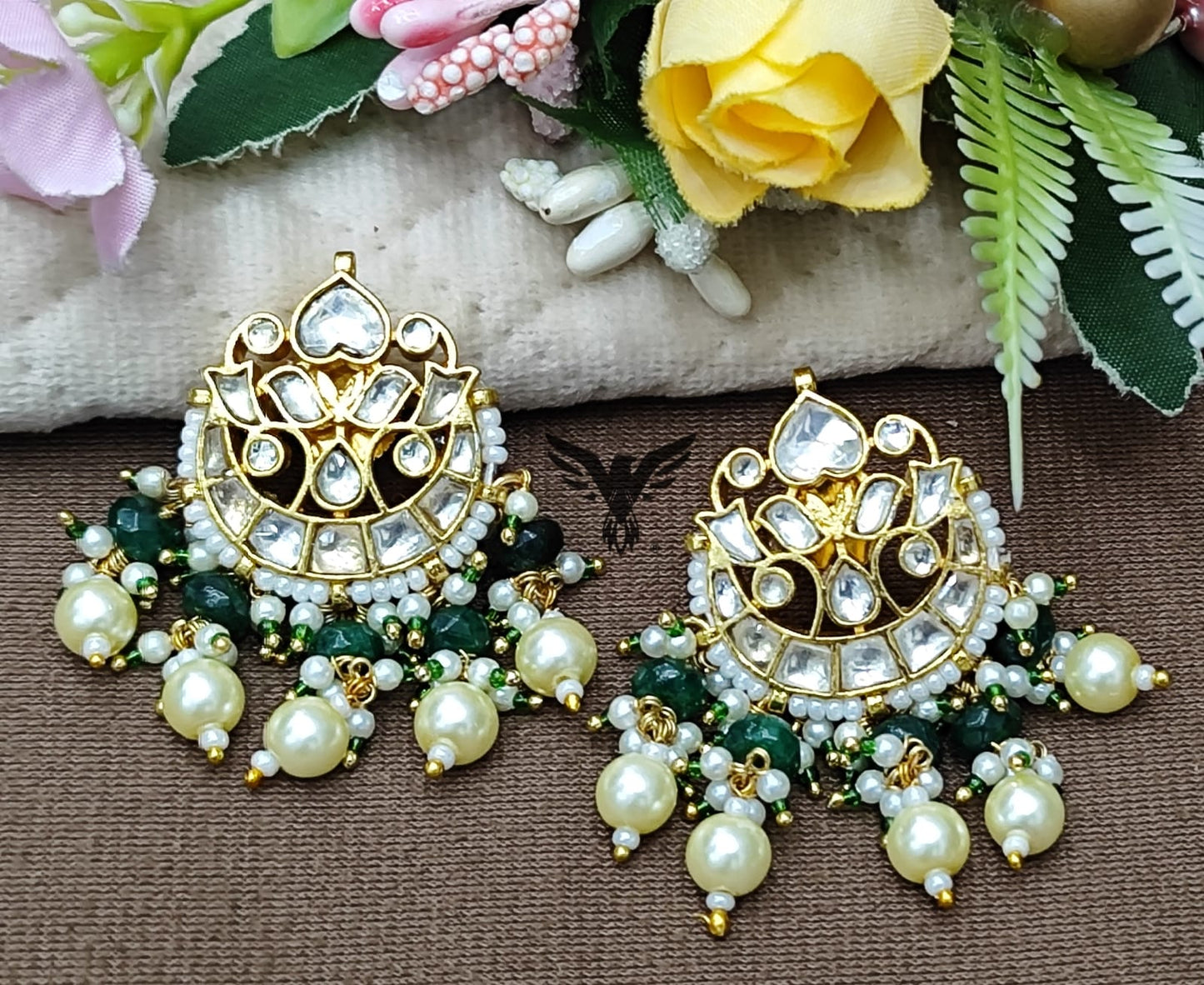 Chaand  paachi kundan necklace in emerald green with chaand earrings for women