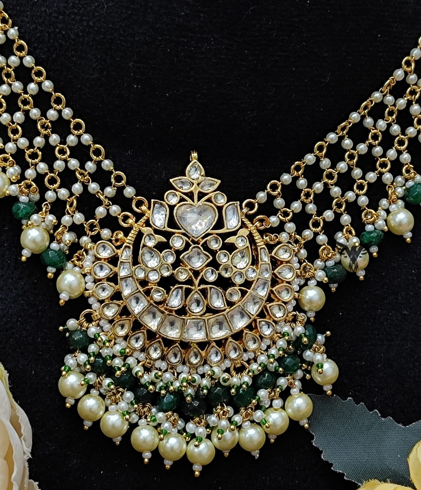 Chaand  paachi kundan necklace in emerald green with chaand earrings for women