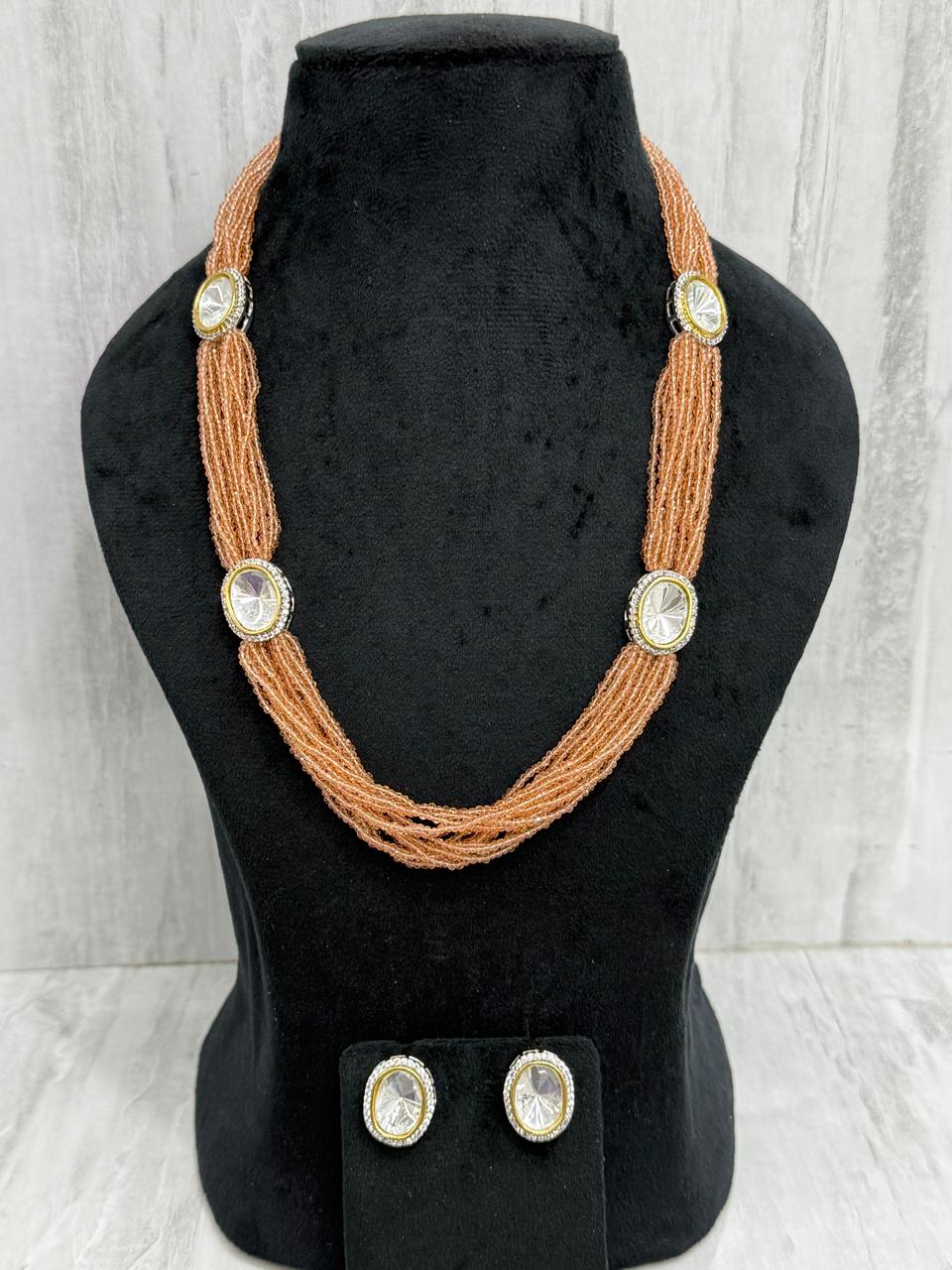 RICE  BEADS WITH POLKIS MALA IN PEACH FOR WOMEN