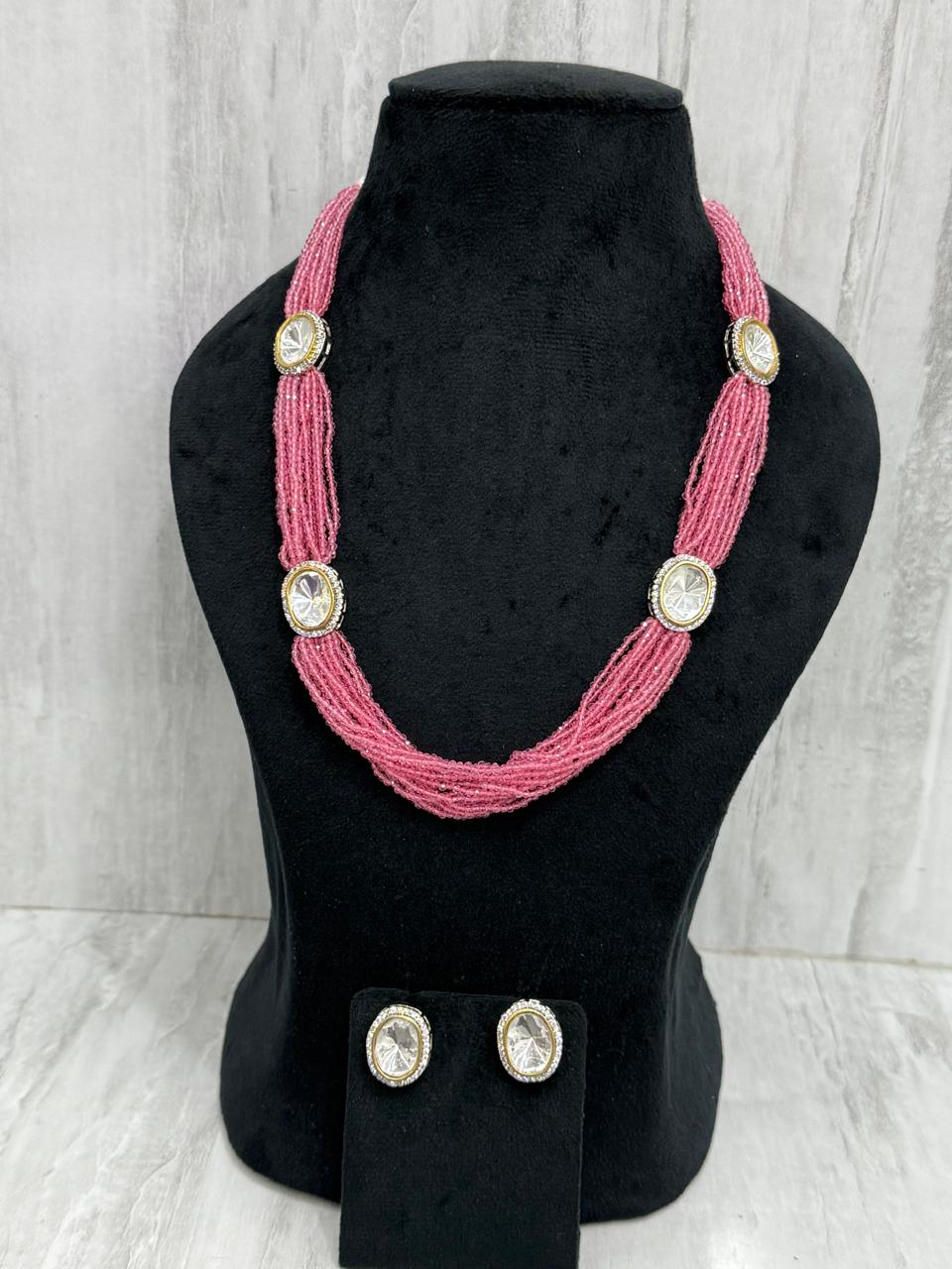 RICE  BEADS WITH POLKIS MALA IN PINK FOR WOMEN