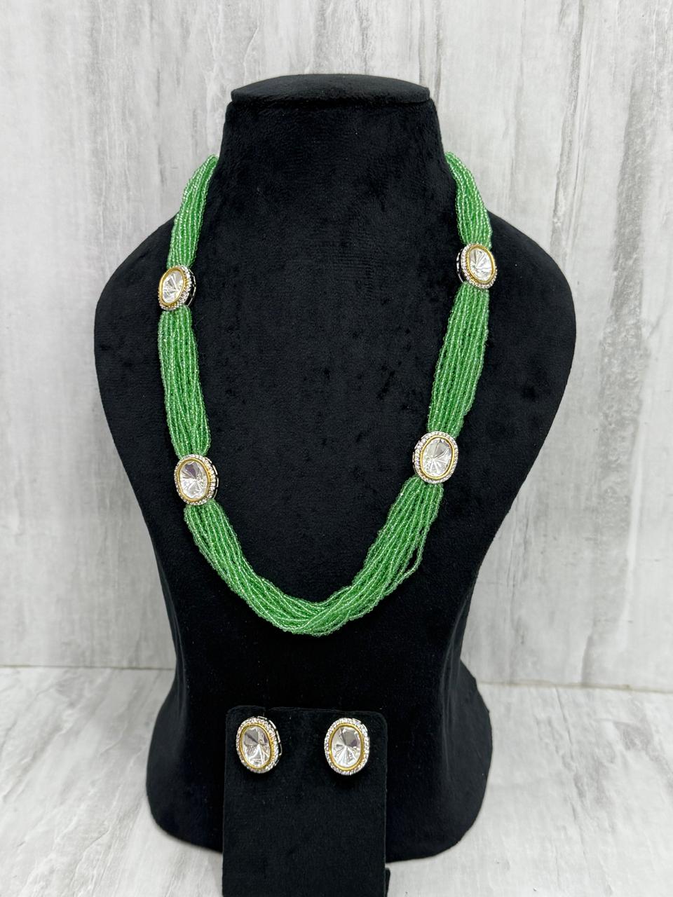 RICE  BEADS WITH POLKIS MALA IN Mint FOR WOMEN