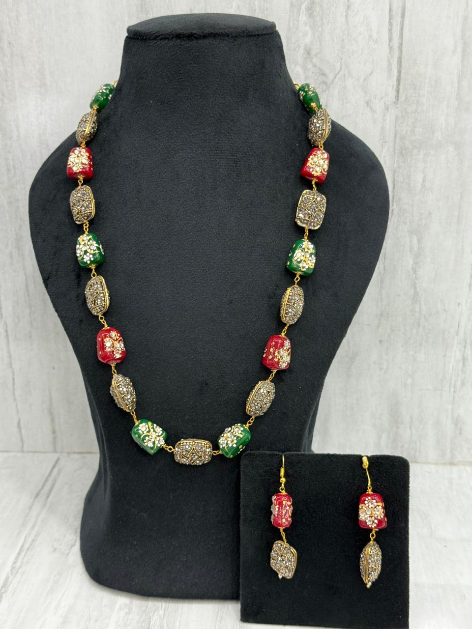 JAIPURI TUMBLES  WITH TURKISH BALLS MALA IN PINK AND GREEN FOR WOMEN