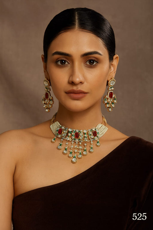 Sunheri kundan choker in green meenakari and red pota stones perfect for weddings and grand celebration