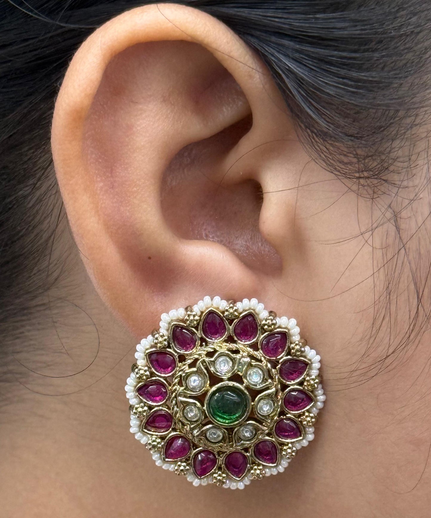 MULTICOLOUR FLOWER SHAPE KUNDAN STUDS FOR WOMEN