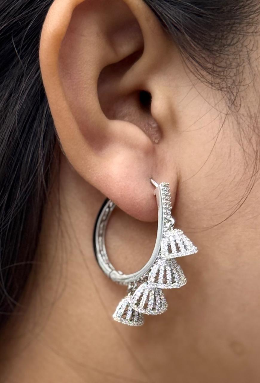 CLASSIC SILVER POLISH  AD STONE HOOPS FOR GIRLS AND WOMEN
