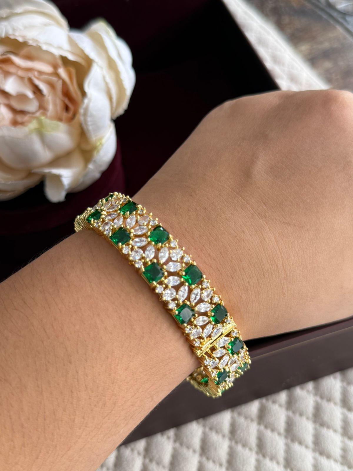GOLDEN PLATED WITH GREEN CZ STONE DIAMOND BRACELET