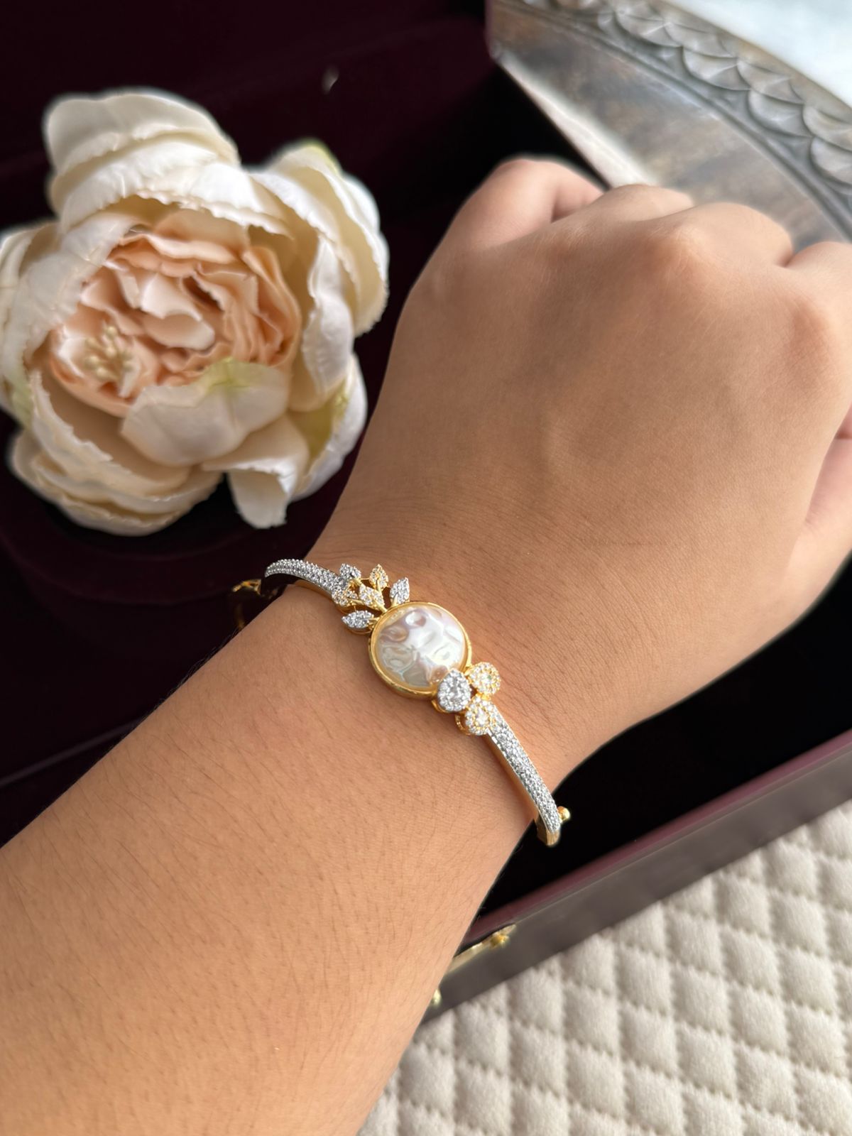 PEARL GOLDEN POLISH WITH CZ  STONE BRACELET FOR WOMEN