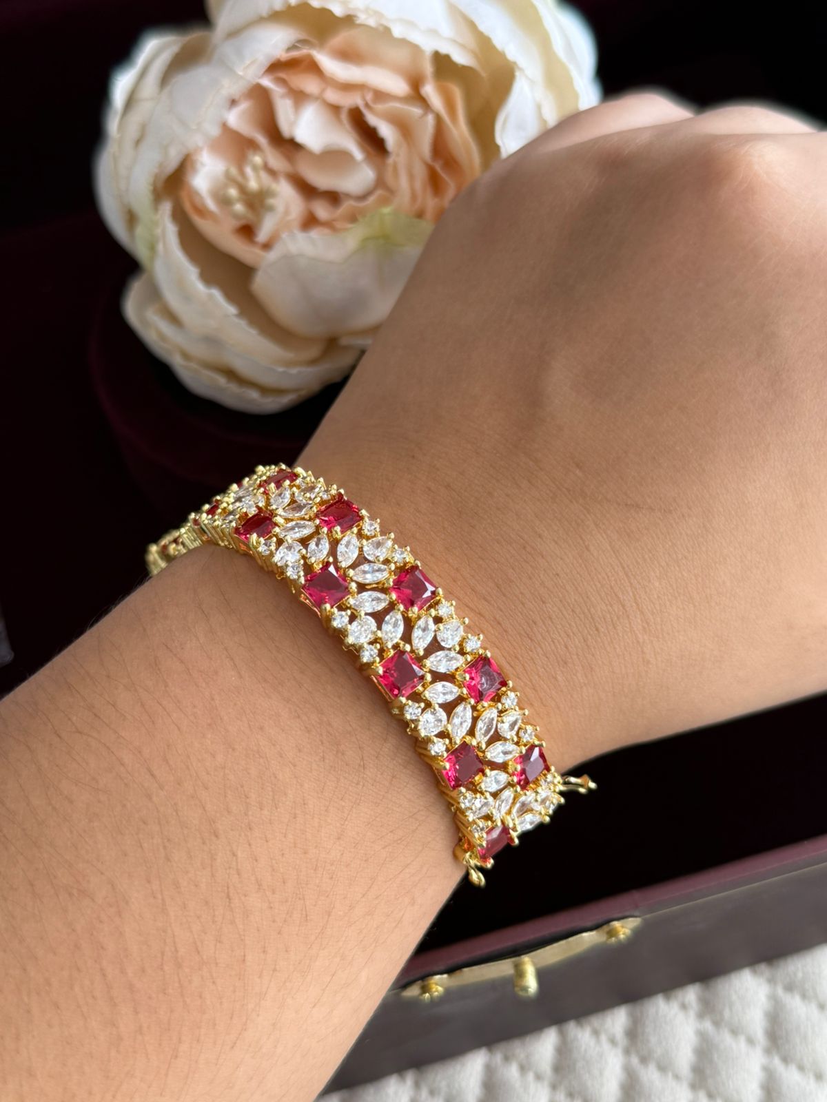 GOLDEN PLATED WITH  REDAND  CZ STONE DIAMOND BRACELET