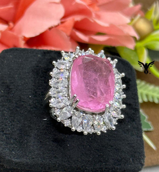 DOUBLET STONE SIDE CZ WITH SILVER POLISH RING FOR WOMEN