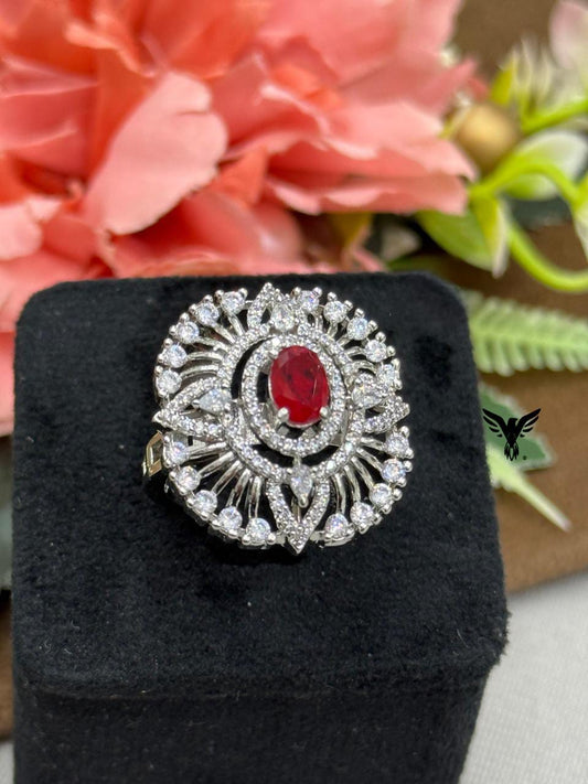 ELEGANT RED CZ STONE WITH SILVER POLISH RING FOR WOMEN