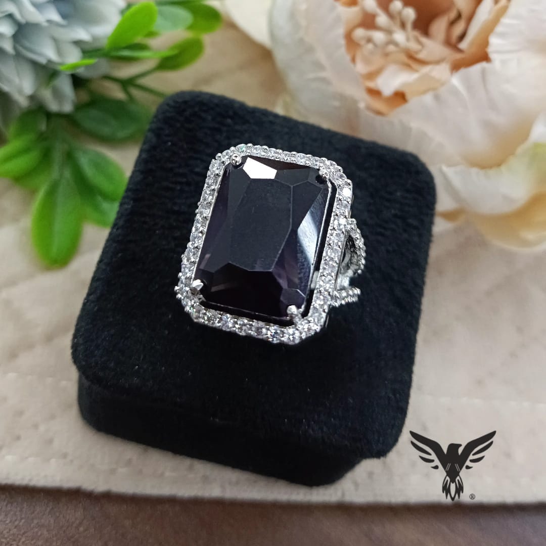 BLACK AD DIAMOND WITH SILVER POLISH RING FOR WOMEN