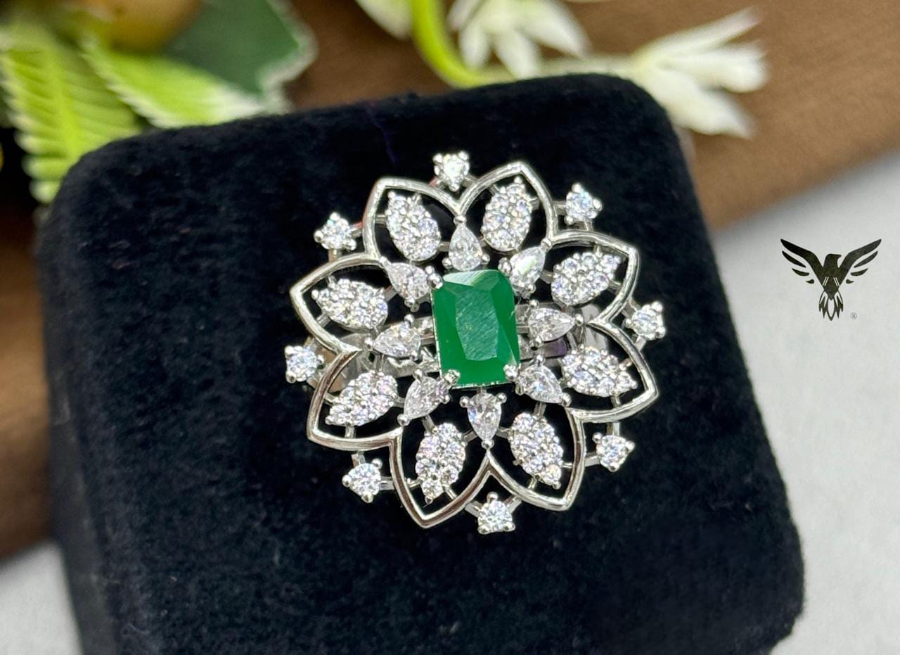 UNIQUE GREEN CZ STONE RING WITH SILVER POLISH FOR WOMEN