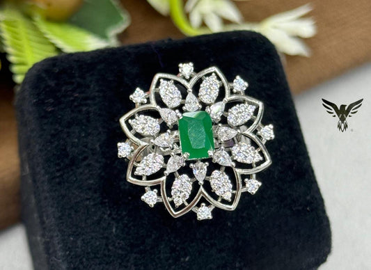 UNIQUE GREEN CZ STONE RING WITH SILVER POLISH FOR WOMEN