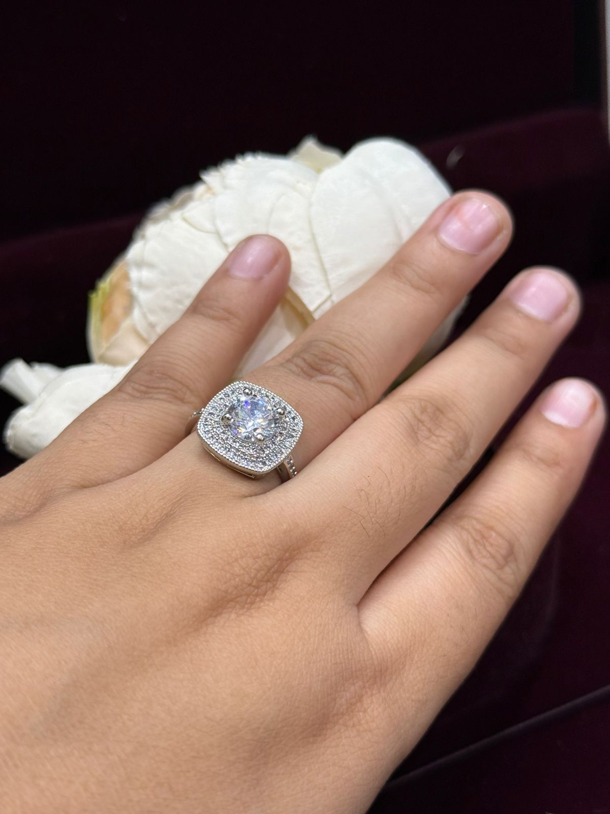 CLASSIC DOUBLE HALO SILVER POLISH RING WITH CZ STONE