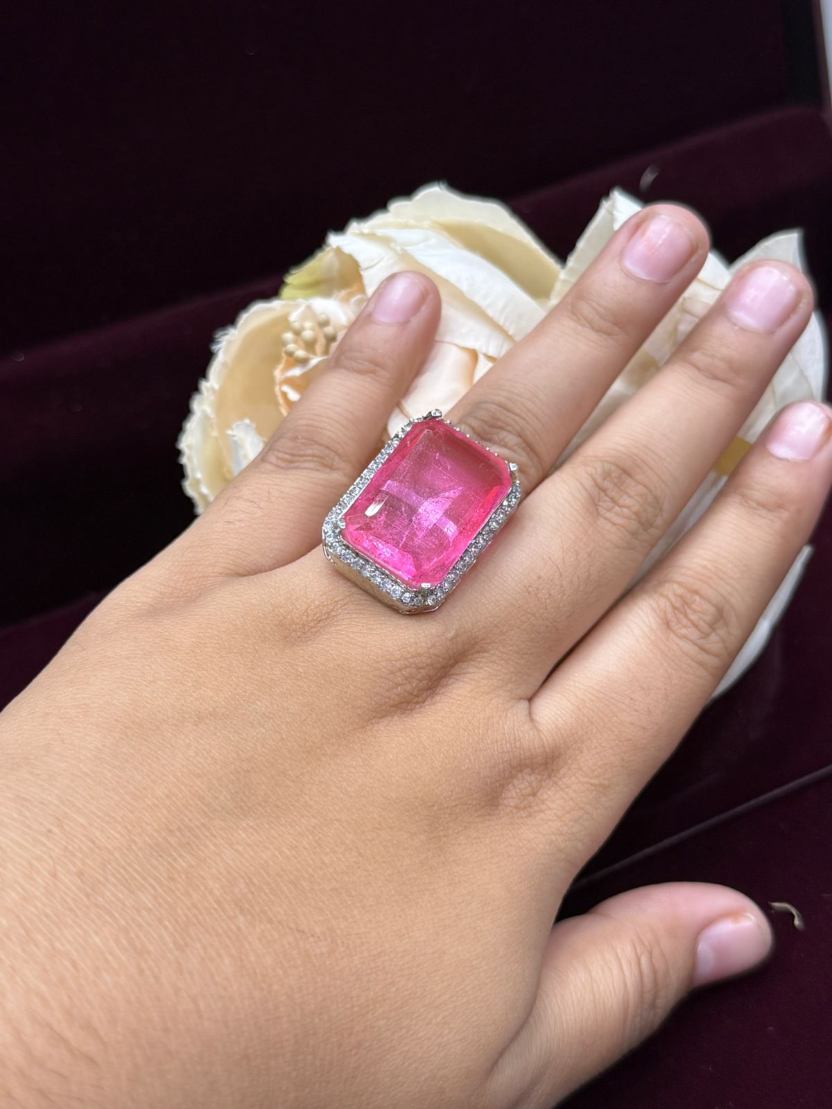 PINK DIAMOND WITH SILVER POLISH RING FOR WOMEN