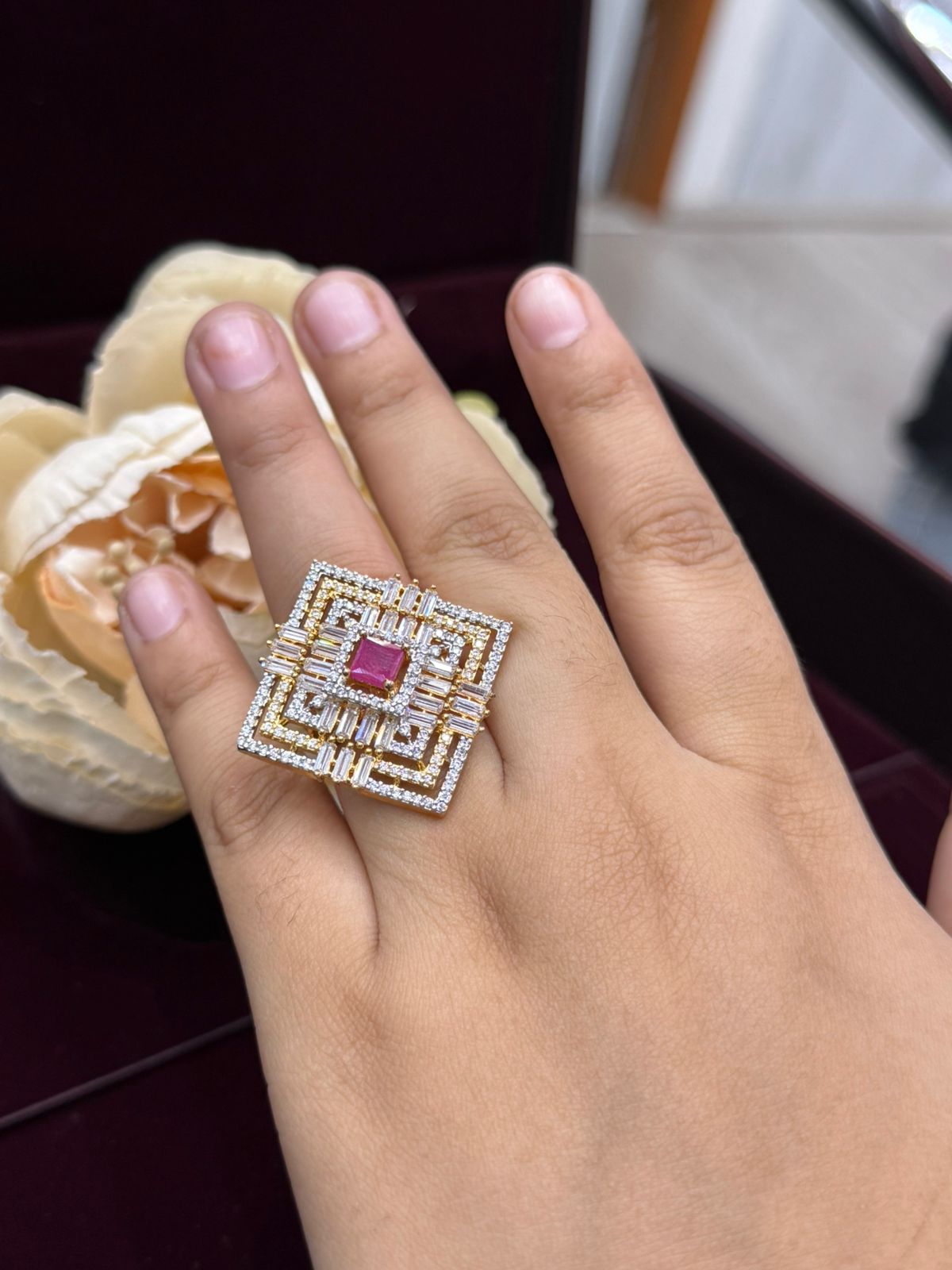 SQUARE ELEGANT PINK AD STONE FINGER RING FOR WOMEN