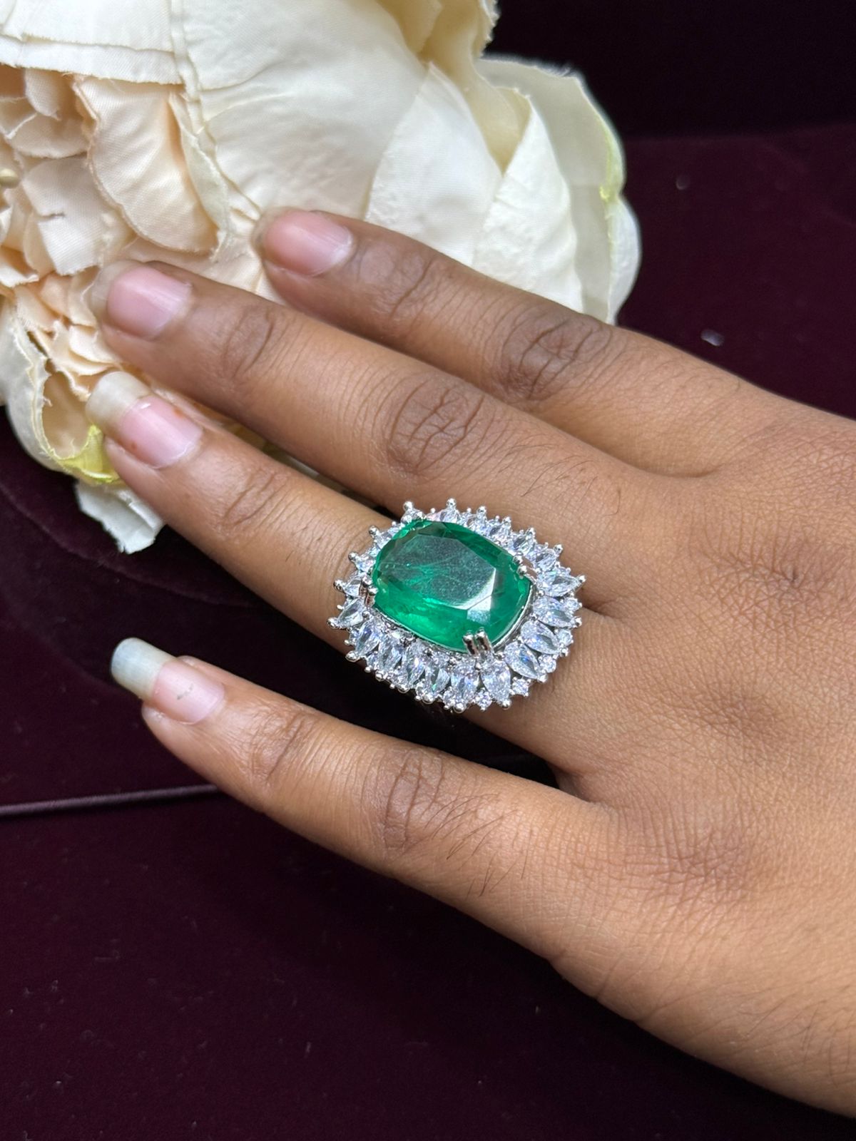 GREEN DIAMOND WITH SILVER POLISH RING FOR WOMEN