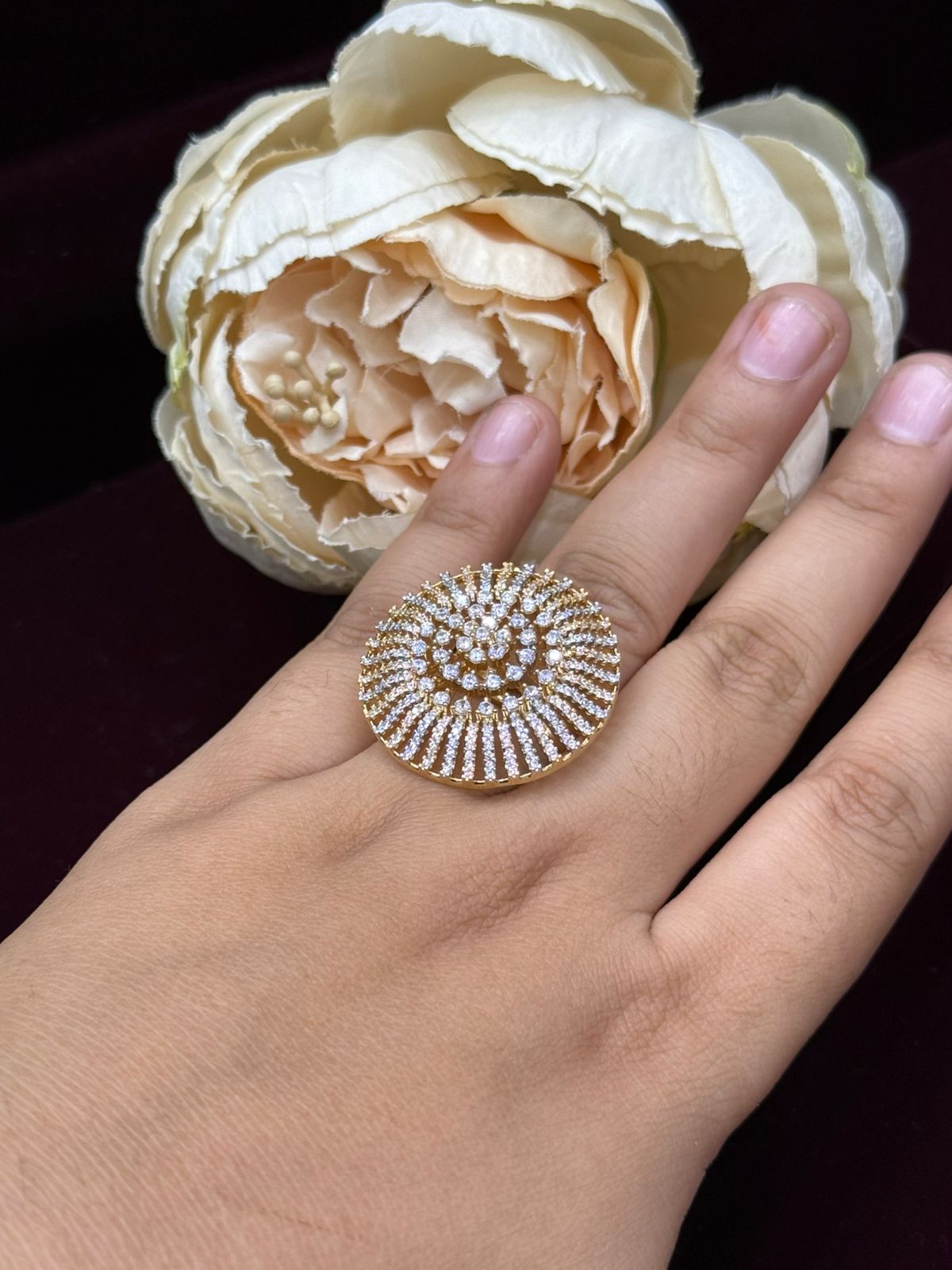 GOLDEN POLISH WITH CZ STONE ROUND RING FOR WOMEN