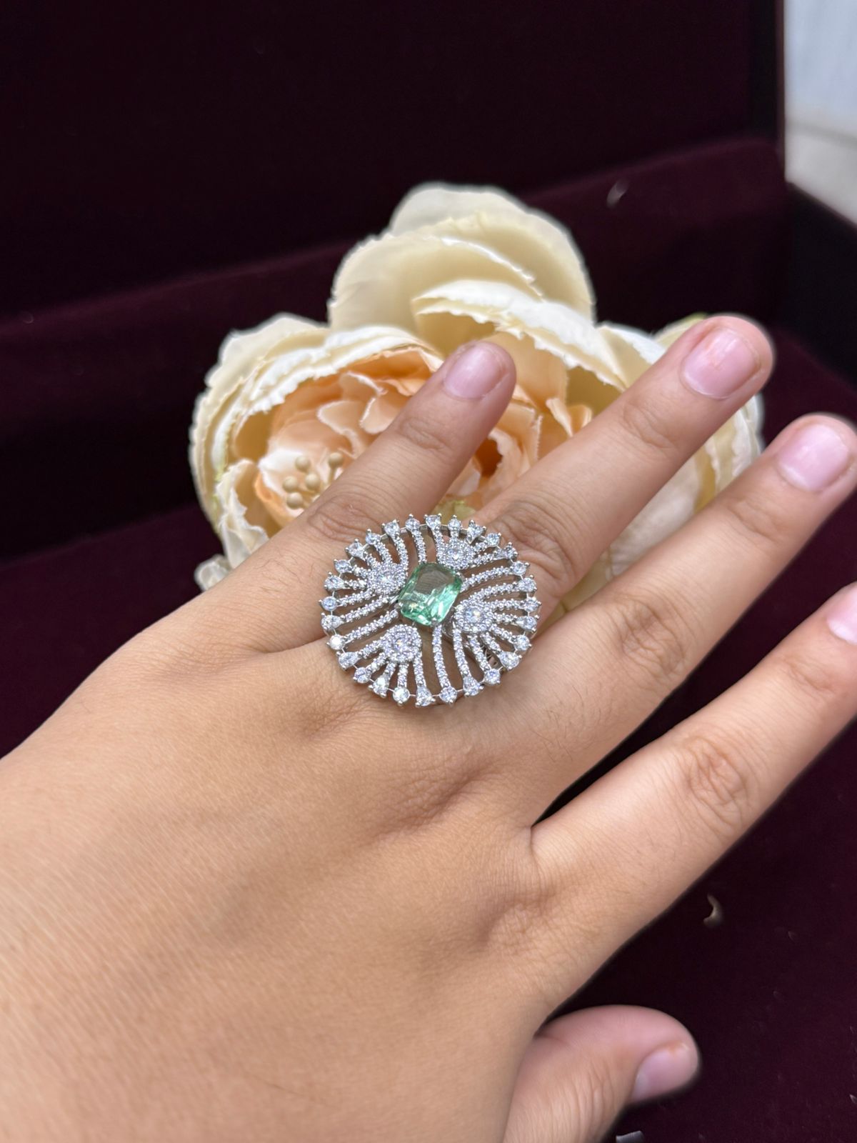 UNIQUE MINT GREEN CZ STONE WITH SILVER POLISH RING FOR WOMEN