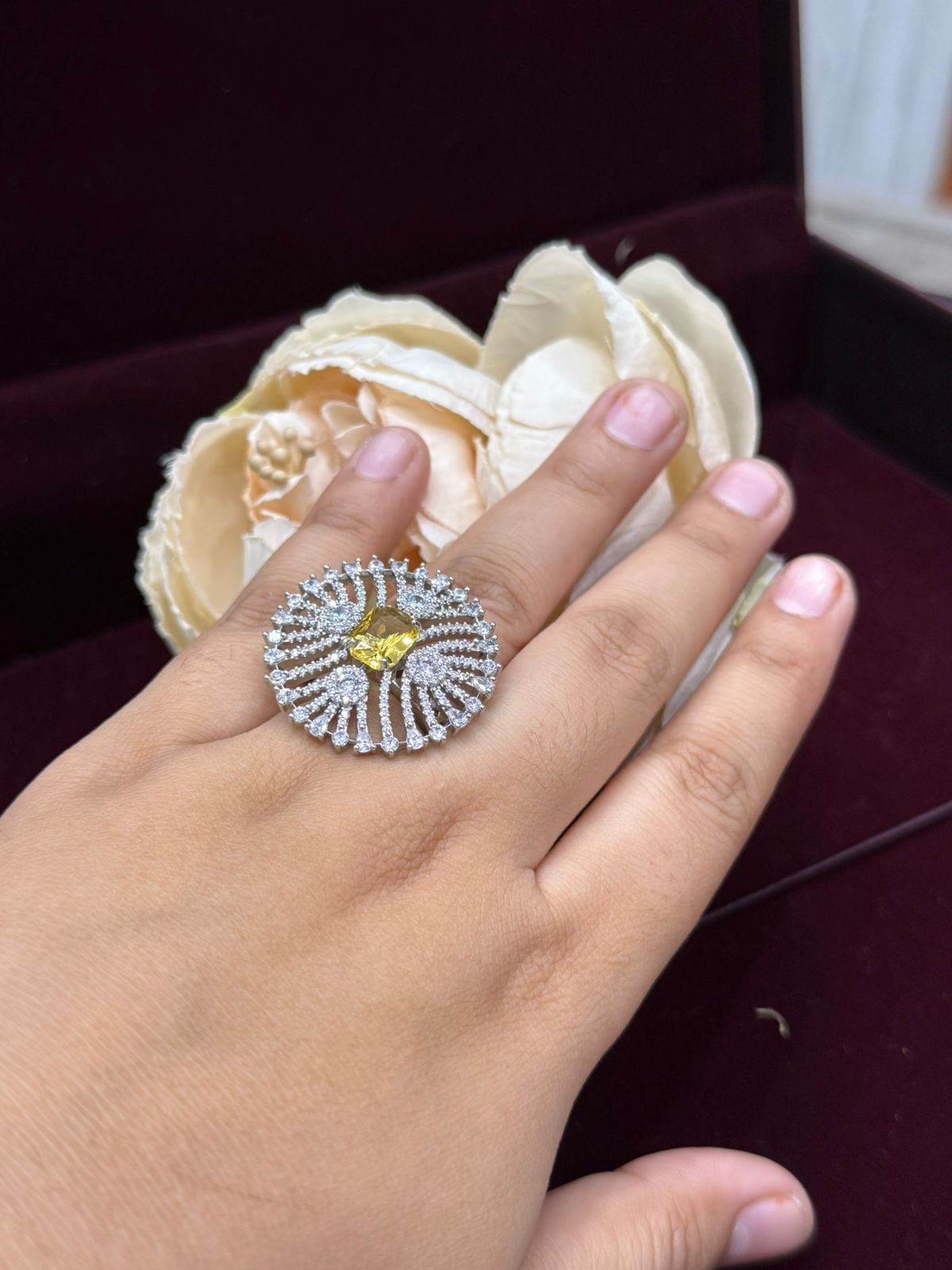 UNIQUE YELLOW CZ STONE WITH SILVER POLISH RING FOR WOMEN