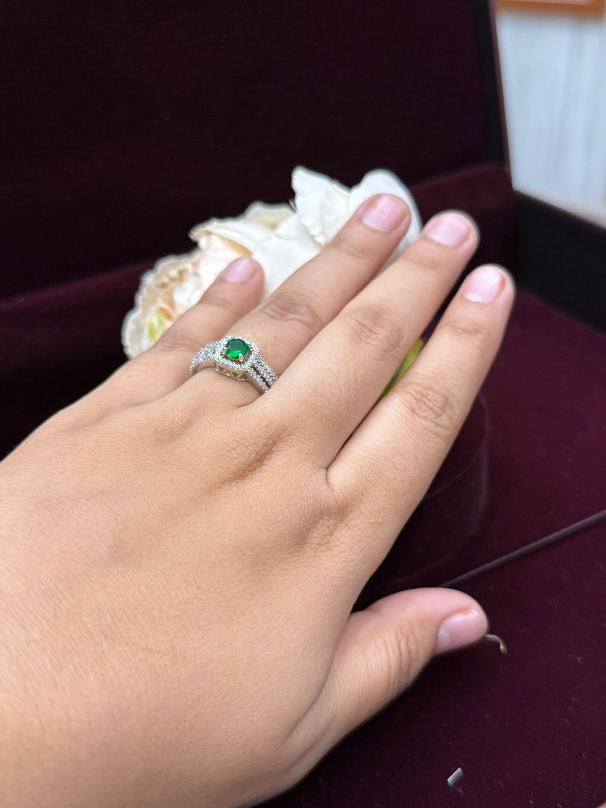 SQUARE SILVER POLISH WITH GREEN CZ STONE RING FOR WOMEN