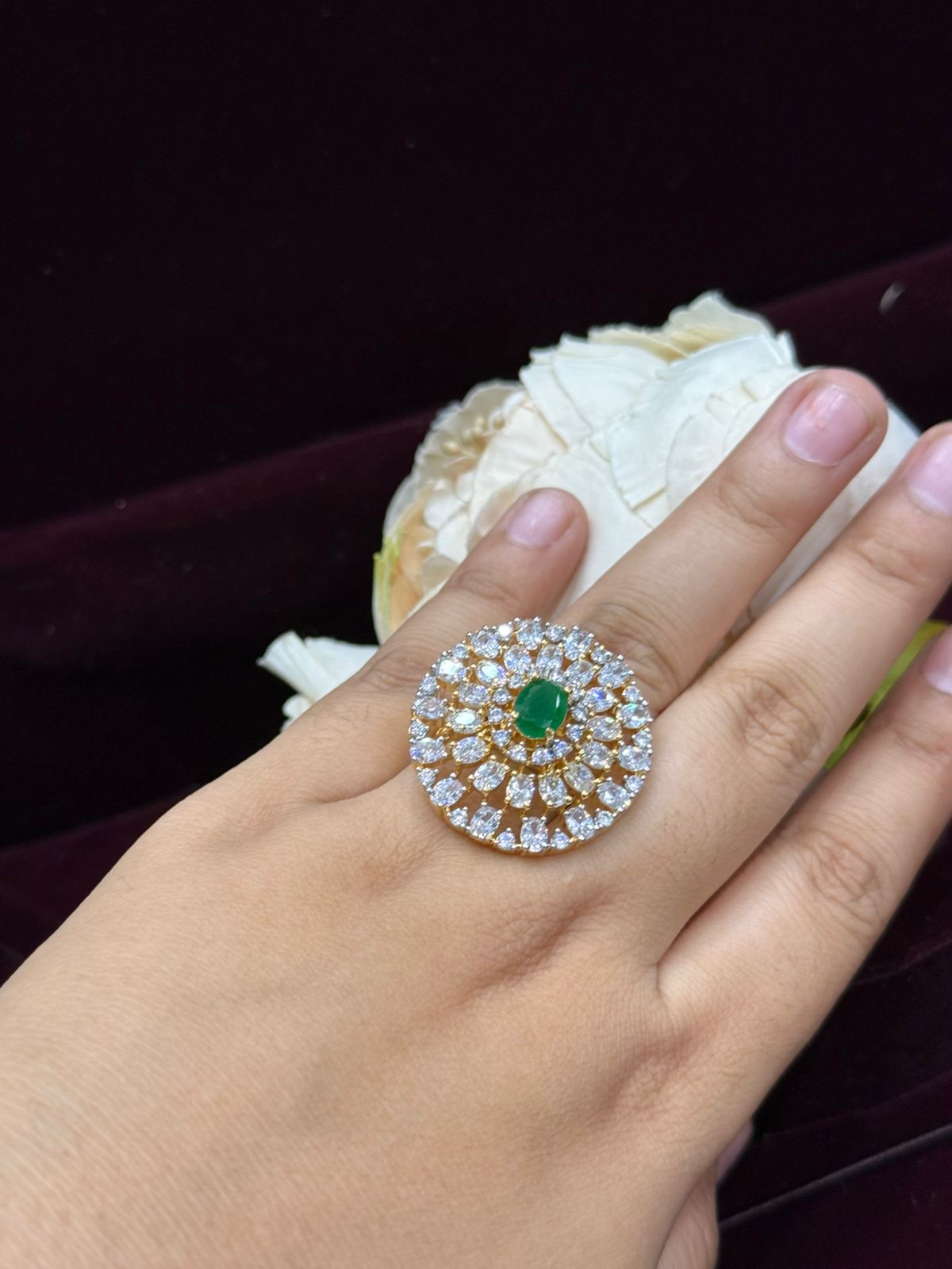 GREEN STONE WITH ROUND SHAPE RING WITH CZ STONE