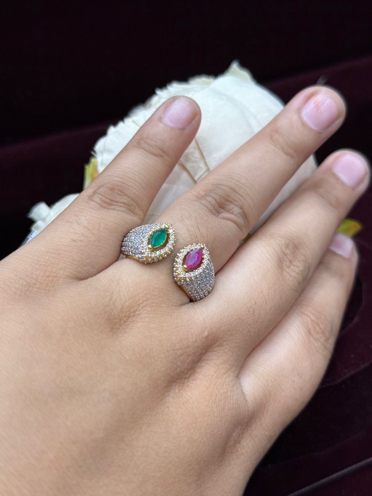 UNIQUE SHAPE WITH SILVER POLISH GREEN AND PINK STONE RING