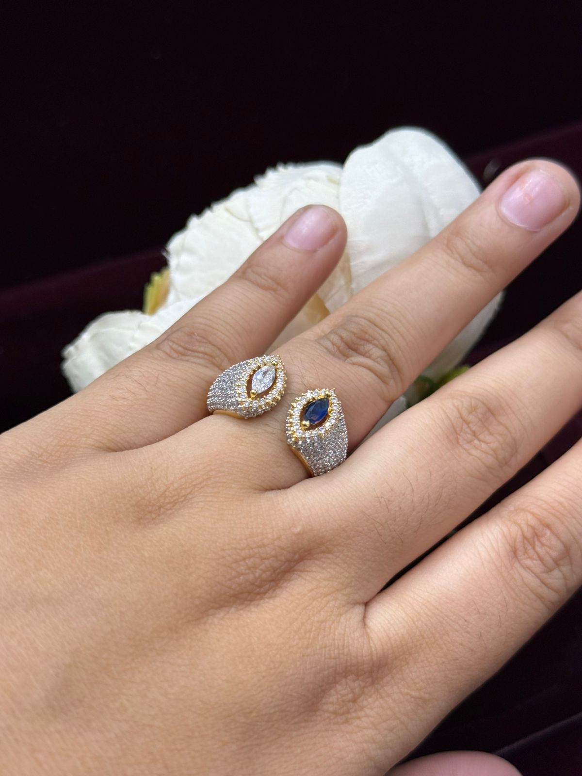 UNIQUE SHAPE WITH GOLDEN POLISH BLUE AND WHITE  STONE RING