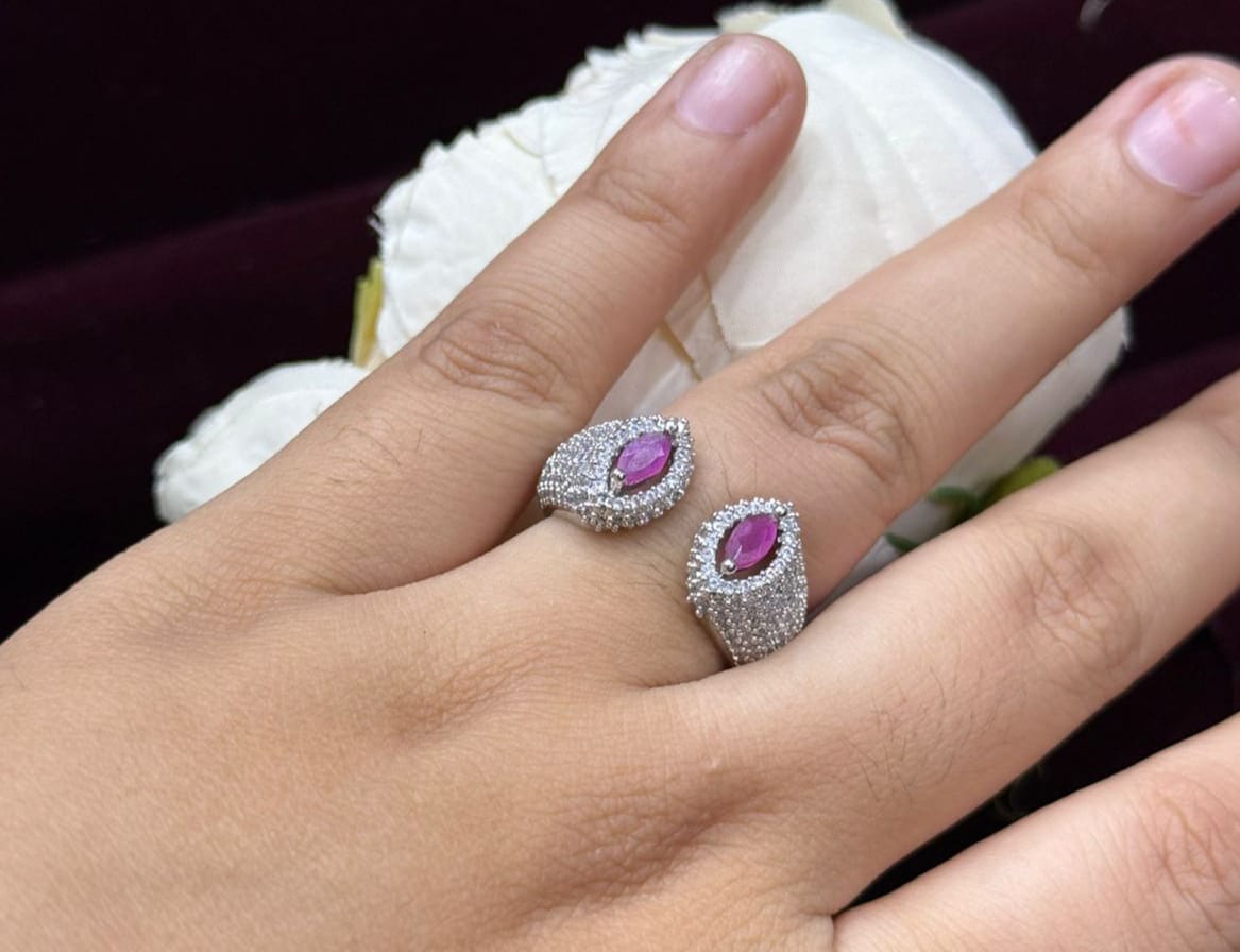 UNIQUE SHAPE WITH SILVER POLISH PINK STONE RING