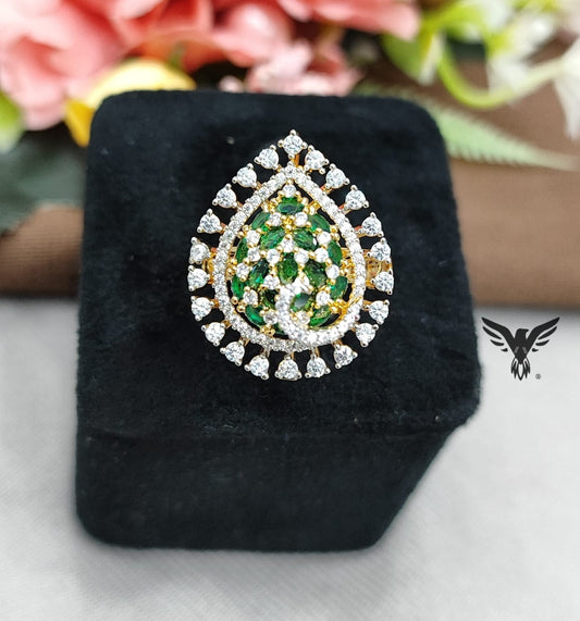 LEAF SHAPE GREEN CZ STONE WITH GOLDEN POLISH RING FOR WOMEN