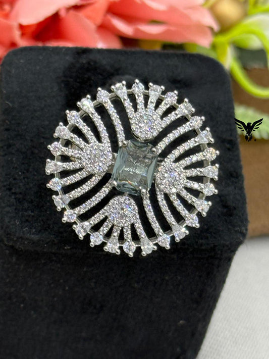 UNIQUE BLACK CZ STONE WITH SILVER POLISH RING FOR WOMEN