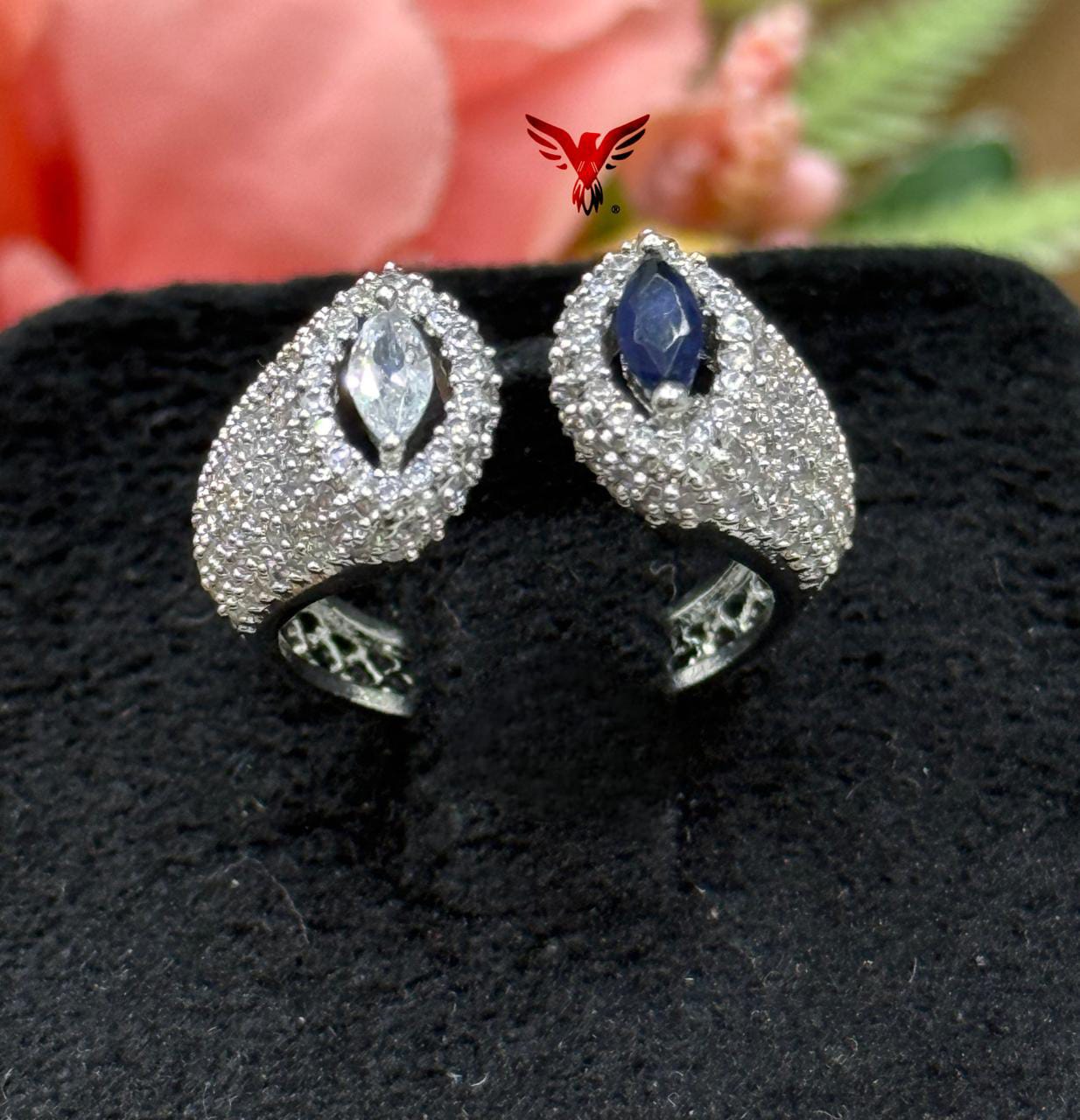 UNIQUE SHAPE WITH SILVER POLISH BLUE AND WHITE  STONE RING