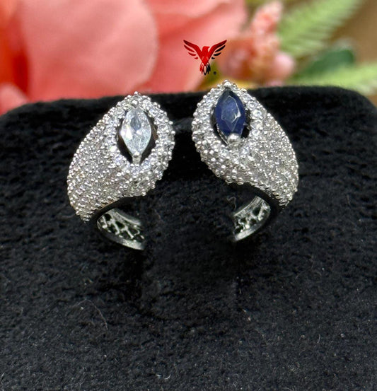 UNIQUE SHAPE WITH SILVER POLISH BLUE AND WHITE  STONE RING