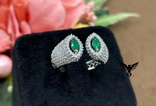 UNIQUE SHAPE WITH SILVER POLISH GREEN STONE RING