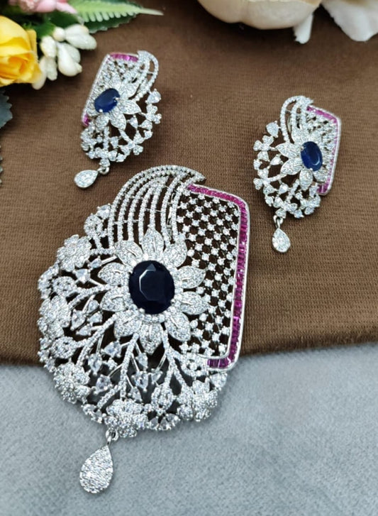 AMERICAN DIAMOND PENDANT SET FOR WOMEN WITH SILVER POLISH