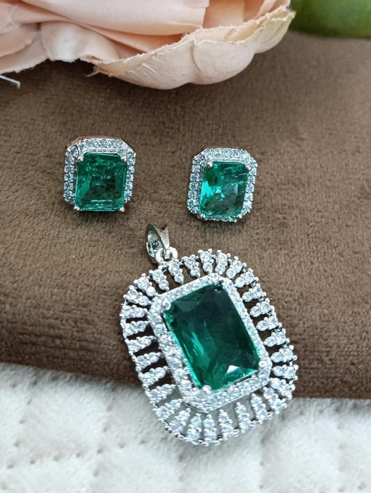 SILVER POLISH WITH MINT GREEN AD STONE PENDANT SET FOR WOMEN